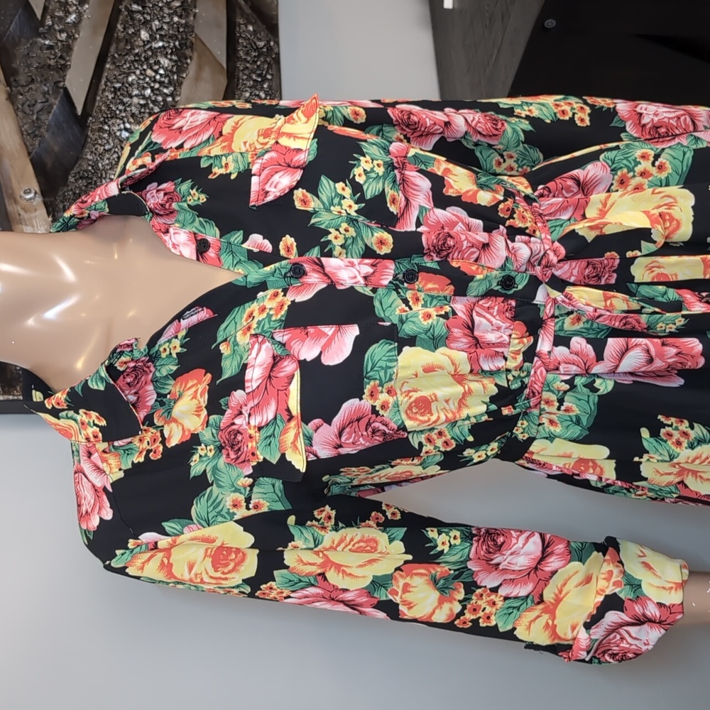 Seductions Sirens Floral Belted Shirt Dress Black Yellow Womens Size Medium - Picture 2 of 13